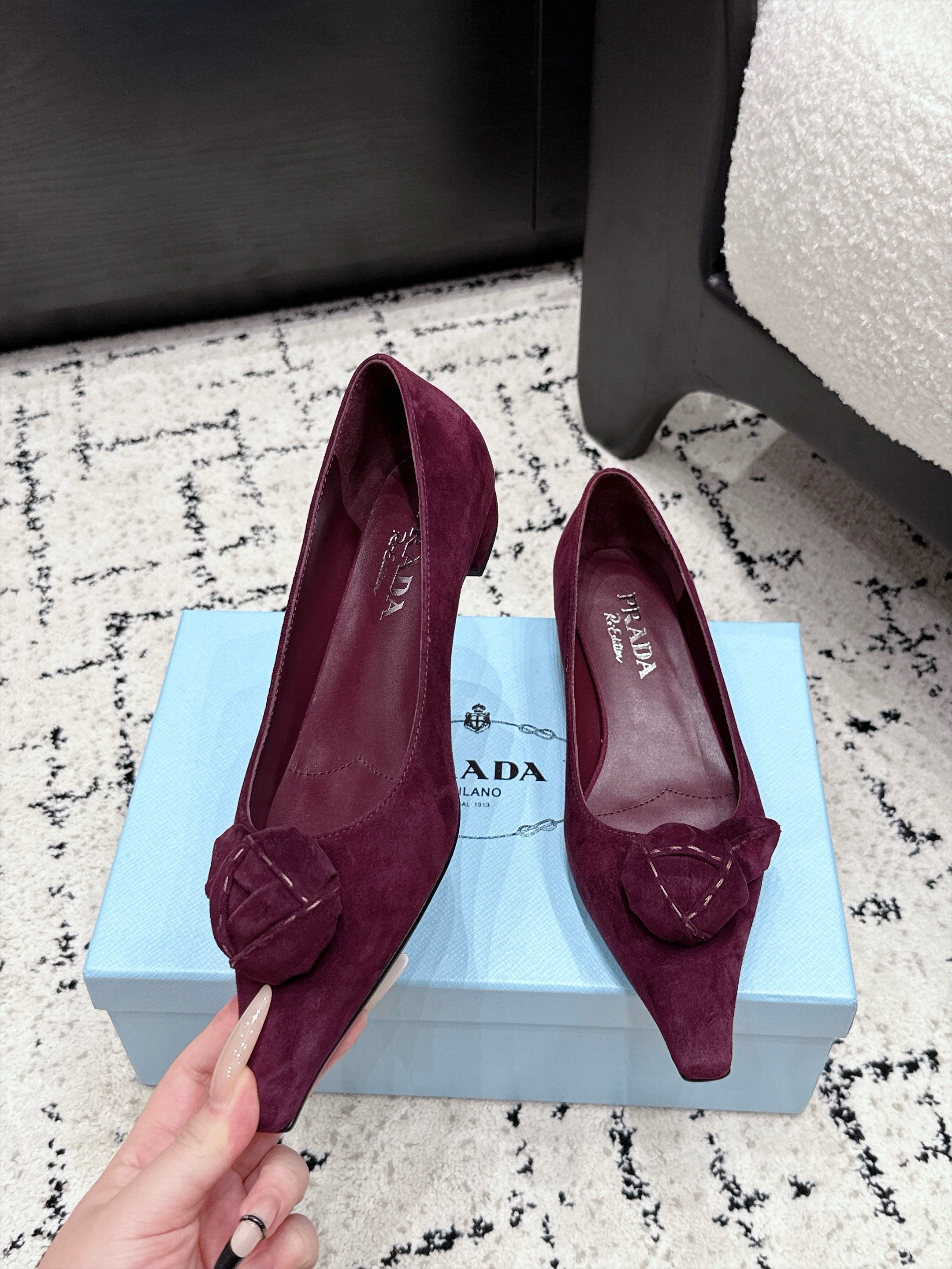 PRADA 26S POINTED-TOE BALLET IN BURGUNDY SUEDE