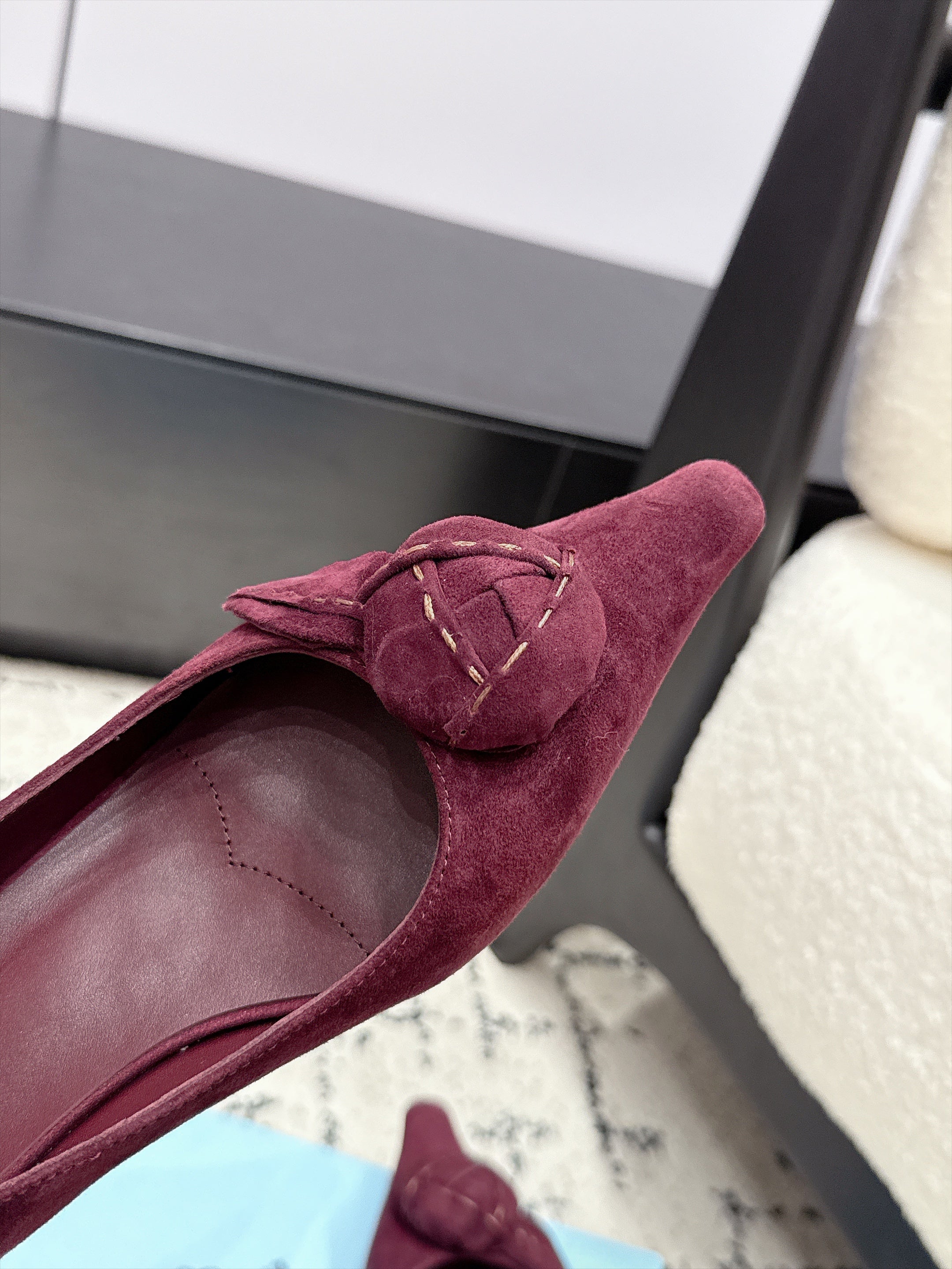 PRADA 26S POINTED-TOE BALLET IN BURGUNDY SUEDE