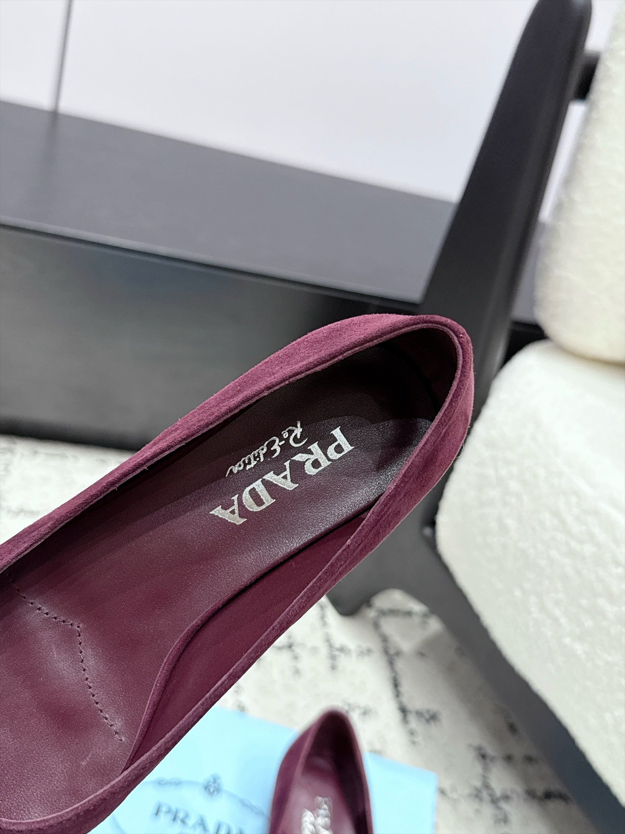 PRADA 26S POINTED-TOE BALLET IN BURGUNDY SUEDE