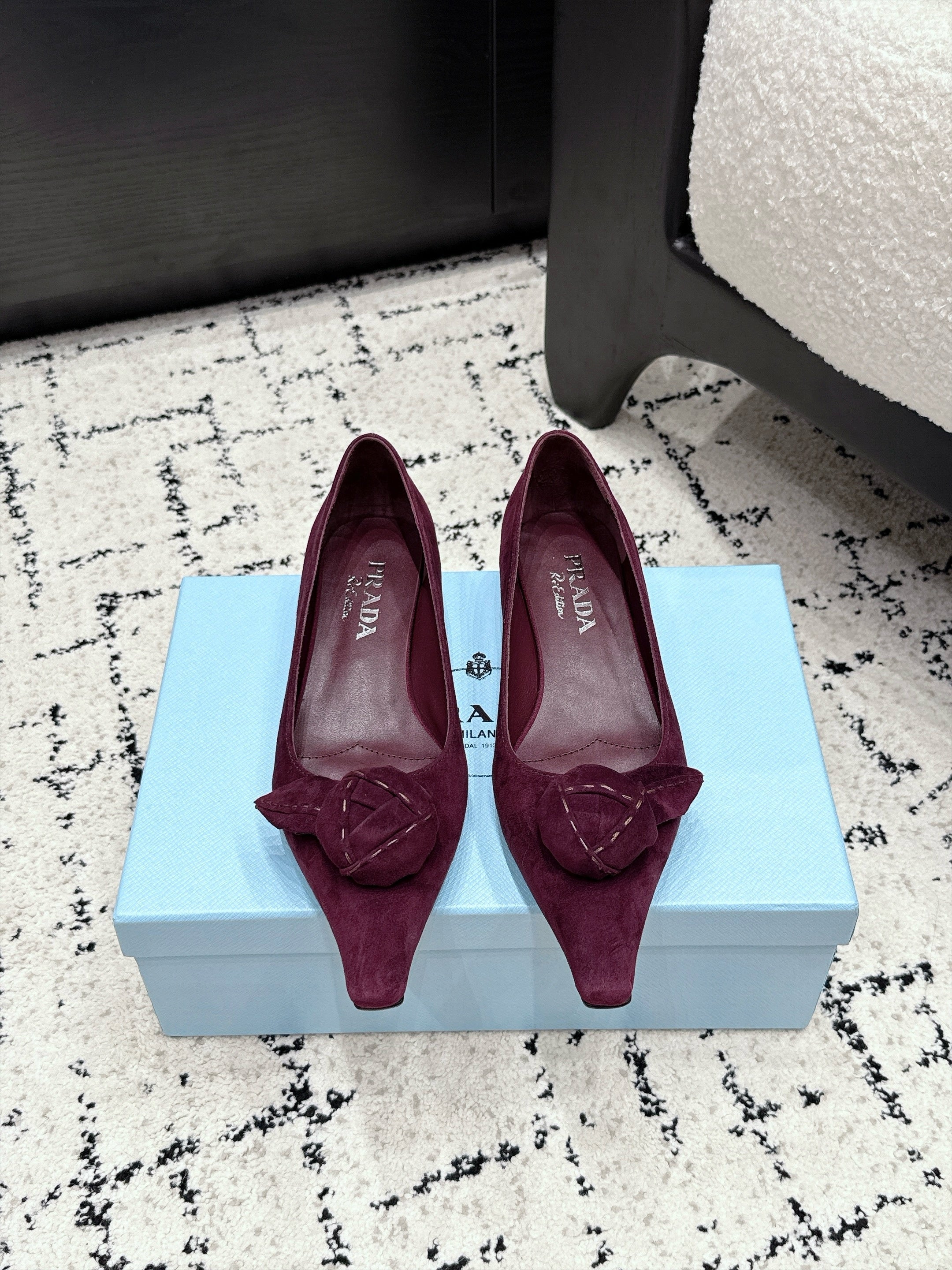 PRADA 26S POINTED-TOE BALLET IN BURGUNDY SUEDE