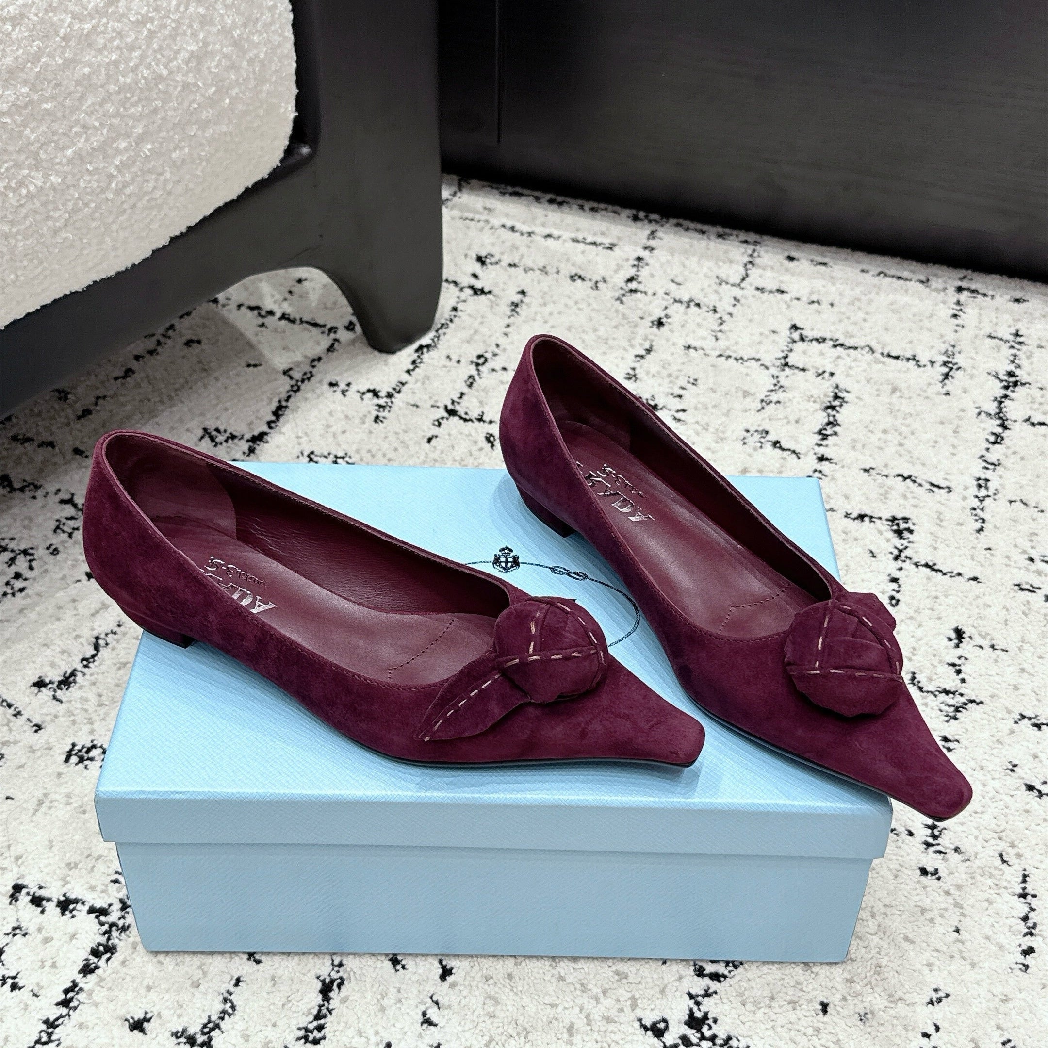 PRADA 26S POINTED-TOE BALLET IN BURGUNDY SUEDE