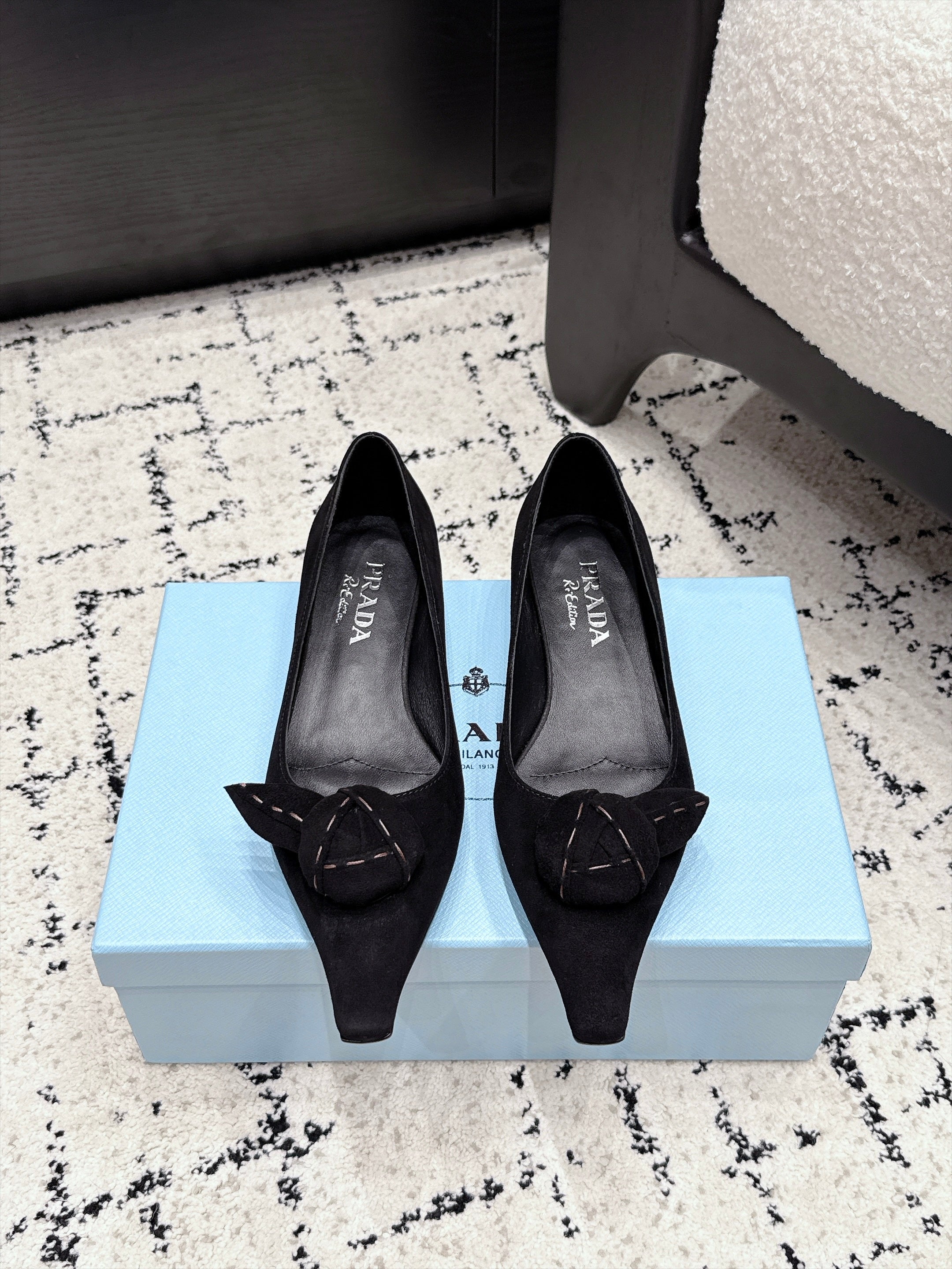PRADA 26S POINTED-TOE BALLET IN BLACK SUEDE