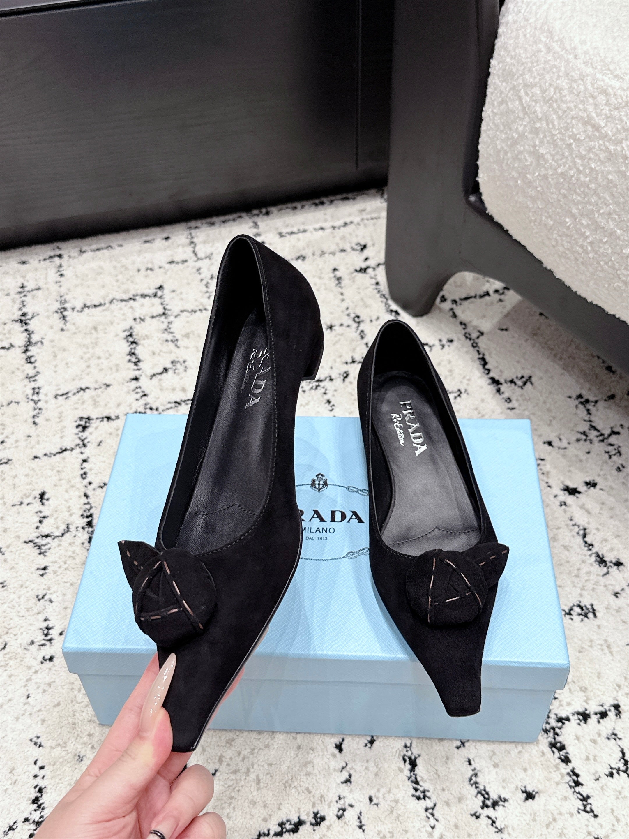 PRADA 26S POINTED-TOE BALLET IN BLACK SUEDE