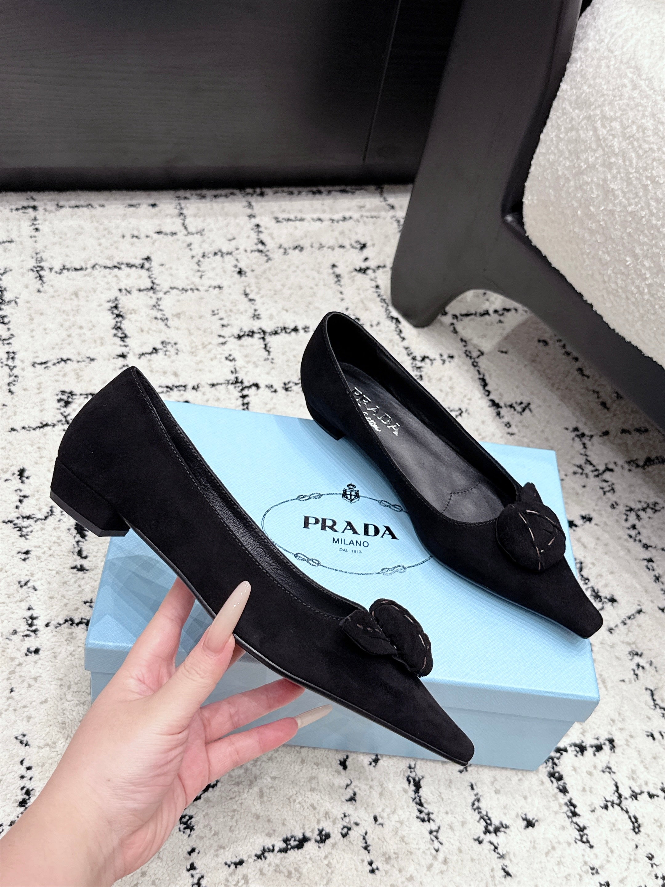 PRADA 26S POINTED-TOE BALLET IN BLACK SUEDE