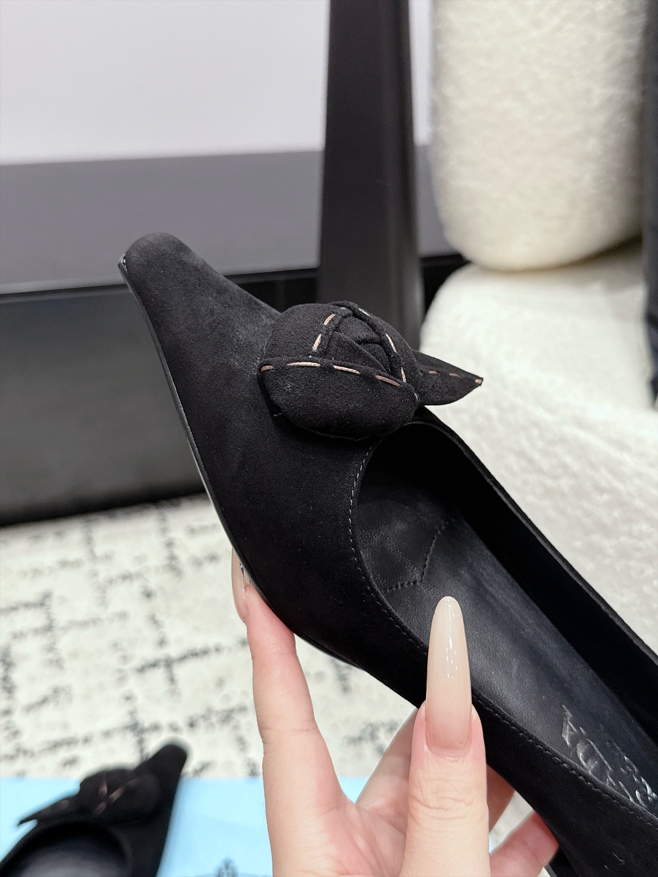 PRADA 26S POINTED-TOE BALLET IN BLACK SUEDE