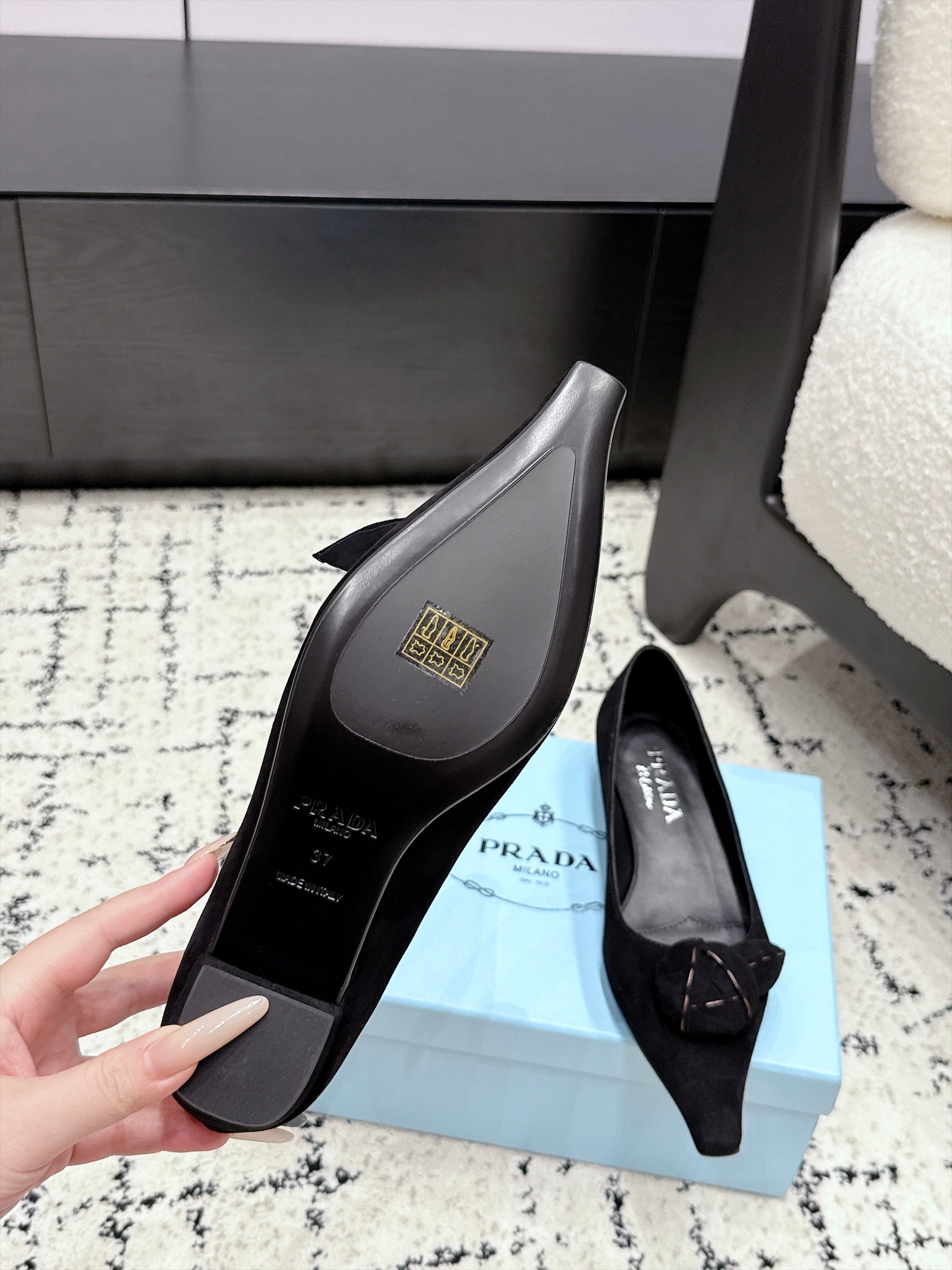 PRADA 26S POINTED-TOE BALLET IN BLACK SUEDE