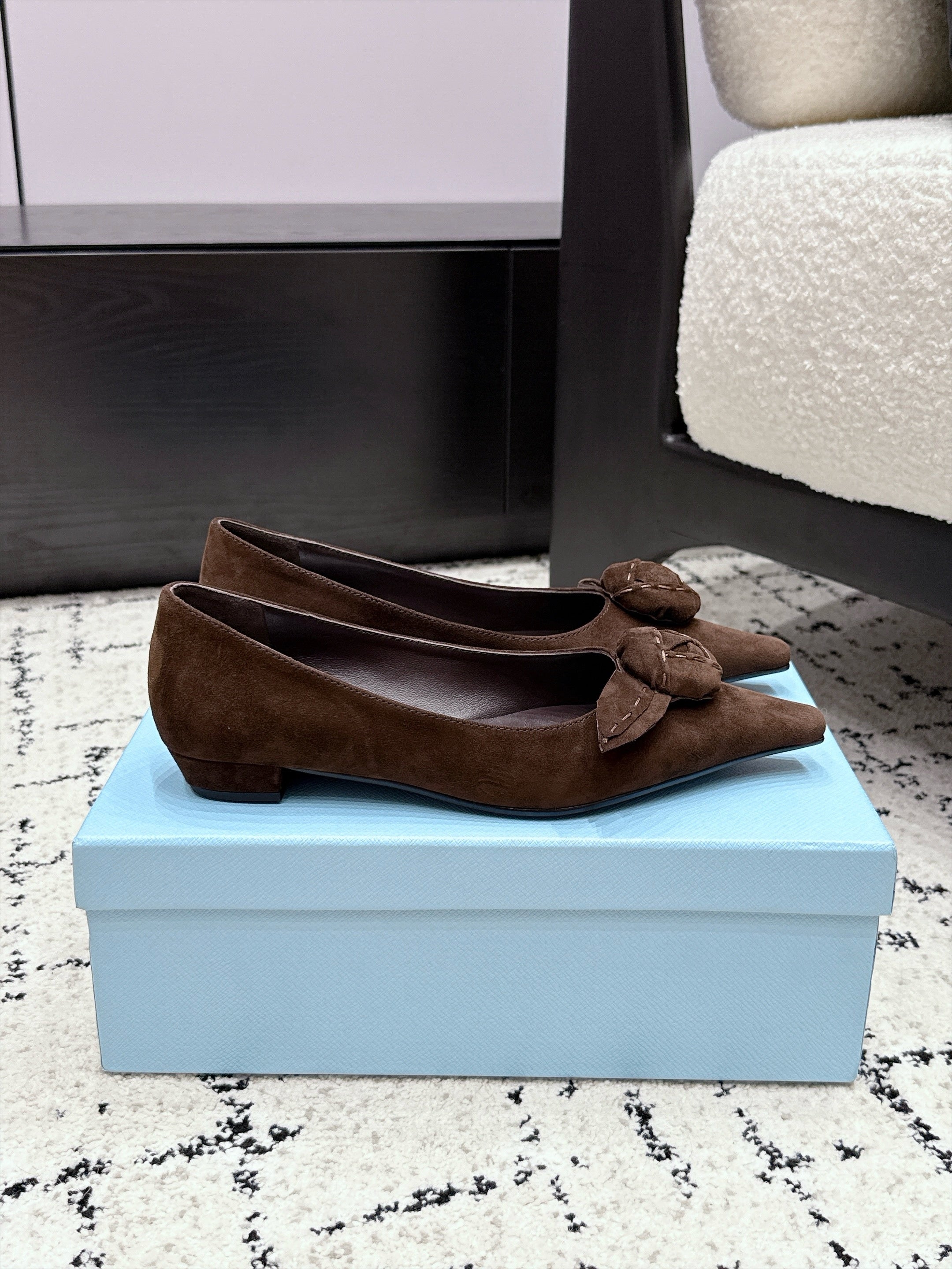 PRADA 26S POINTED-TOE BALLET IN DARK BROWN SUEDE