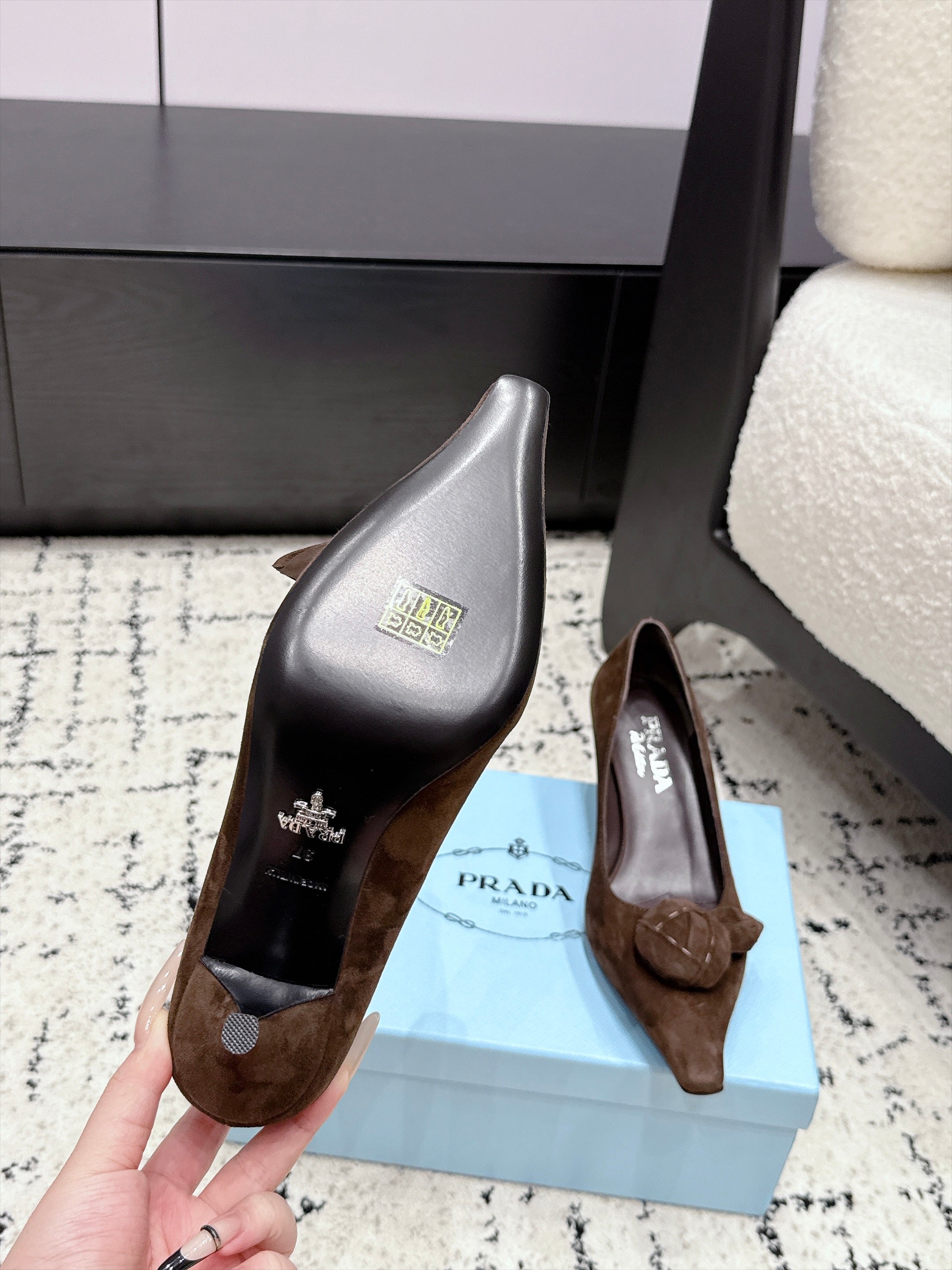 PRADA 26S HIGH HEELS 55 MM IN DARK BROWN SUEDE