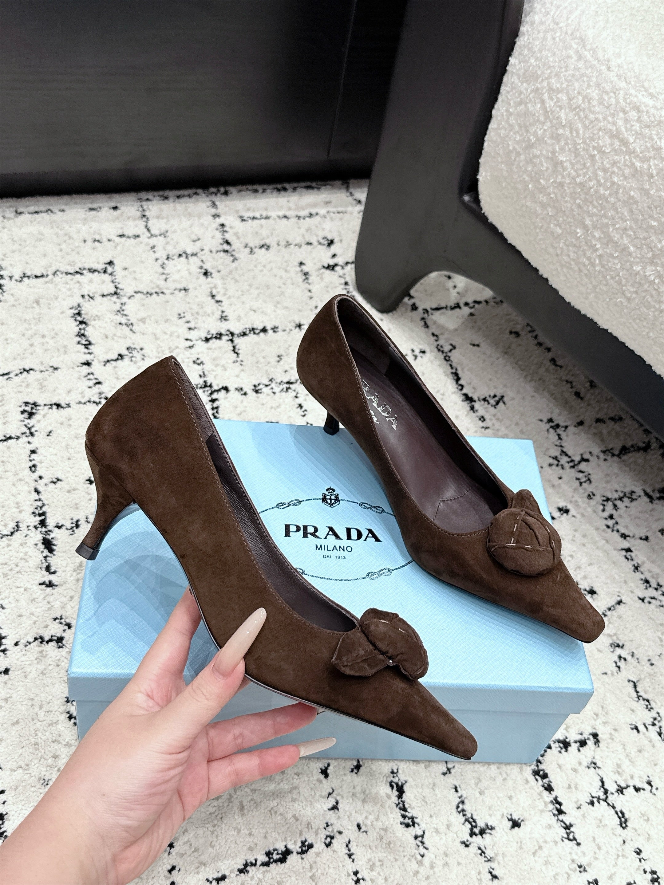 PRADA 26S HIGH HEELS 55 MM IN DARK BROWN SUEDE