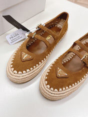 PRADA 26S MARY JANE ESPADRILLES SHOES IN CARAMEL BROWN SUEDE WITH LOGO
