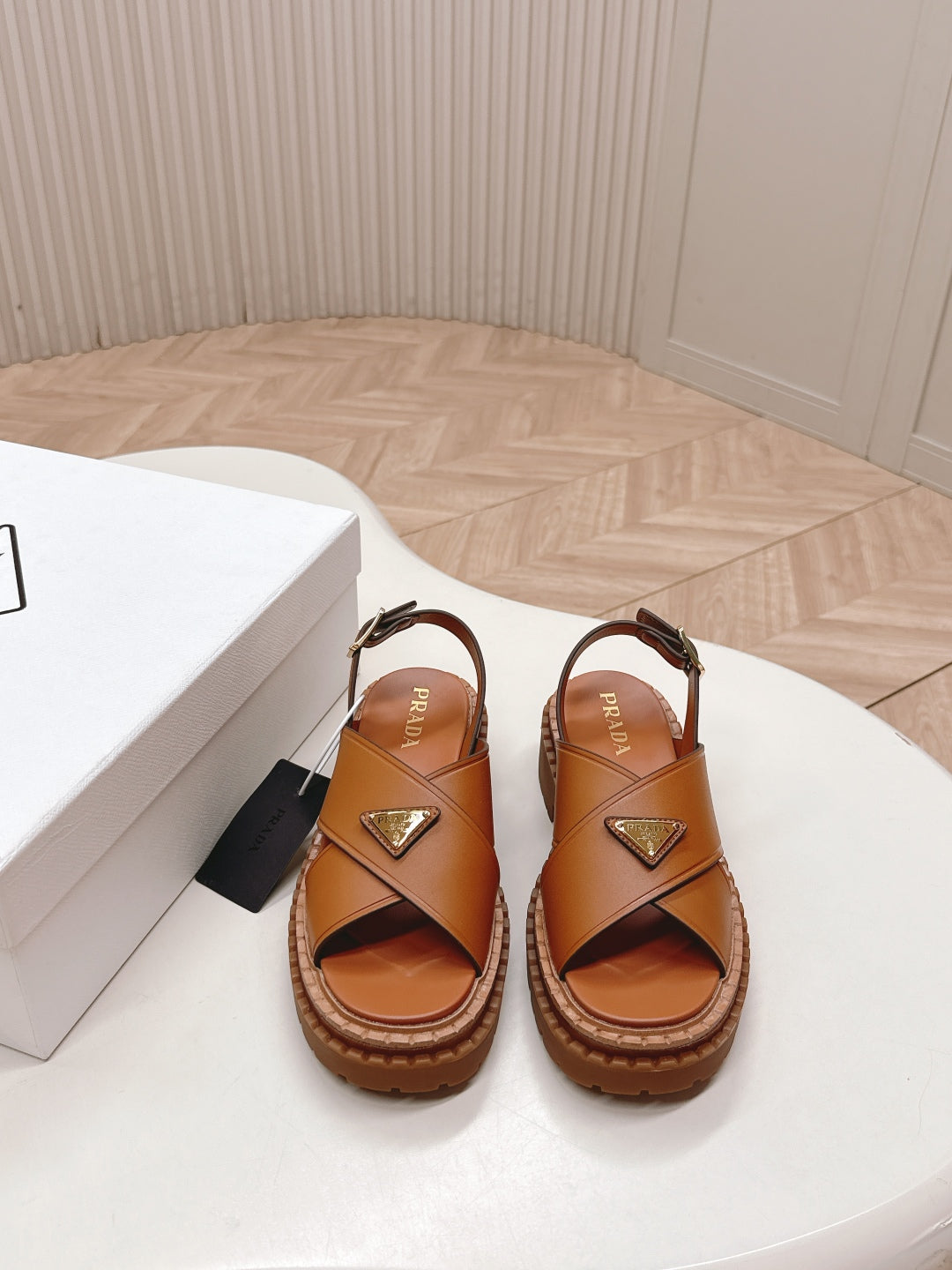 PRADA 25S SANDALS IN LIGHT TAN CALFSKIN LOGO GOLD HARDWARE