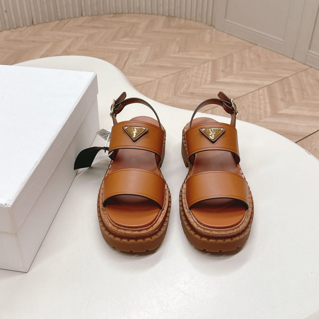 PRADA 25S SANDALS IN LIGHT TAN CALFSKIN LOGO
