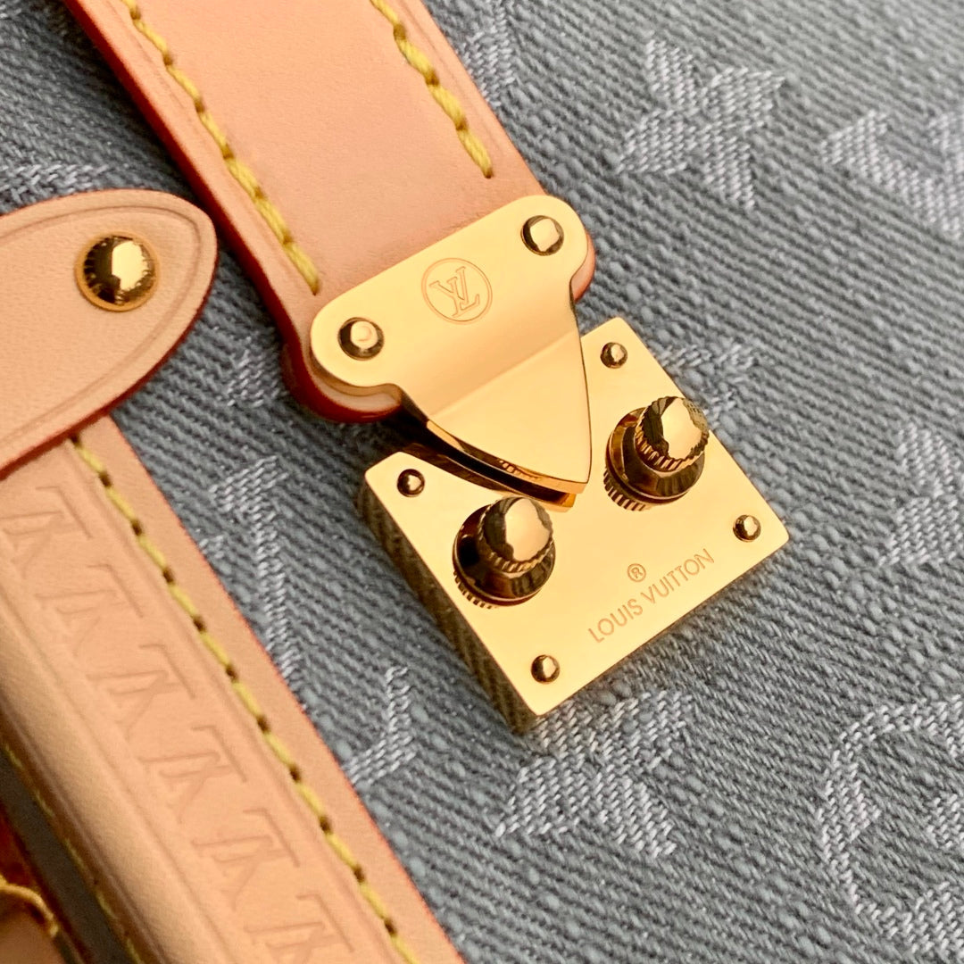 SIDE TRUNK 23.5 IN GREY MONOGRAM DENIM LIGHT BROWN CALFSKIN