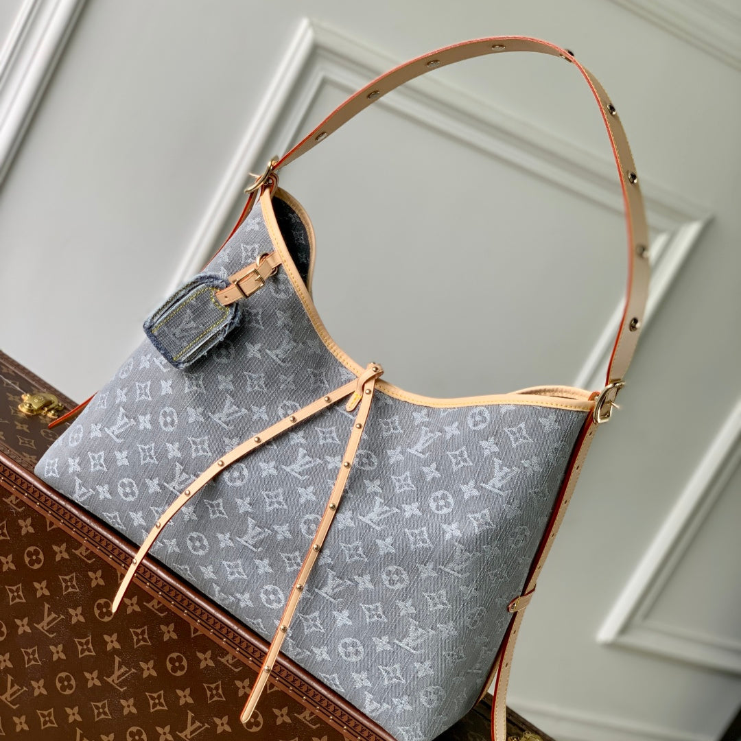 CARRYALL CARGO VIBE PM 33.5 IN GREY MONOGRAM DENIM LIGHT BROWN CALFSKIN