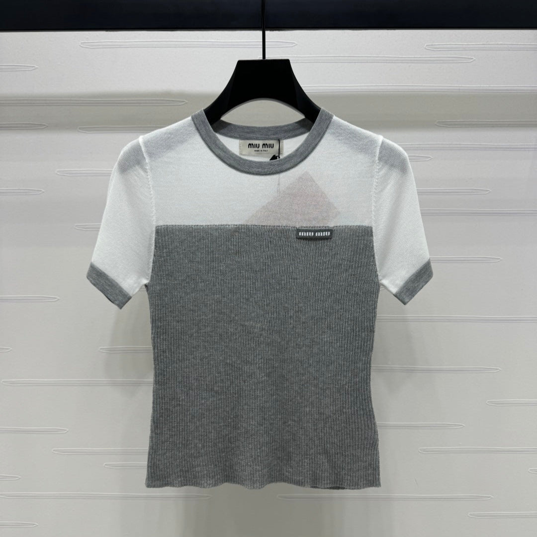 MIUMIU CREW NECK SHORT-SLEEVE SHEER KNIT TOP 274812