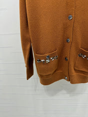 CHANEL HEAVY KNIT CARDIGAN WITH EMBELLISHED FLORAL DETAILS 274877