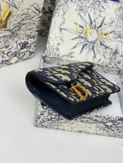 DIOR 25S SADDLE JASMINE GUSSET CARD HOLDER 10 IN BLUE OBLIQUE JACQUARD CANVAS