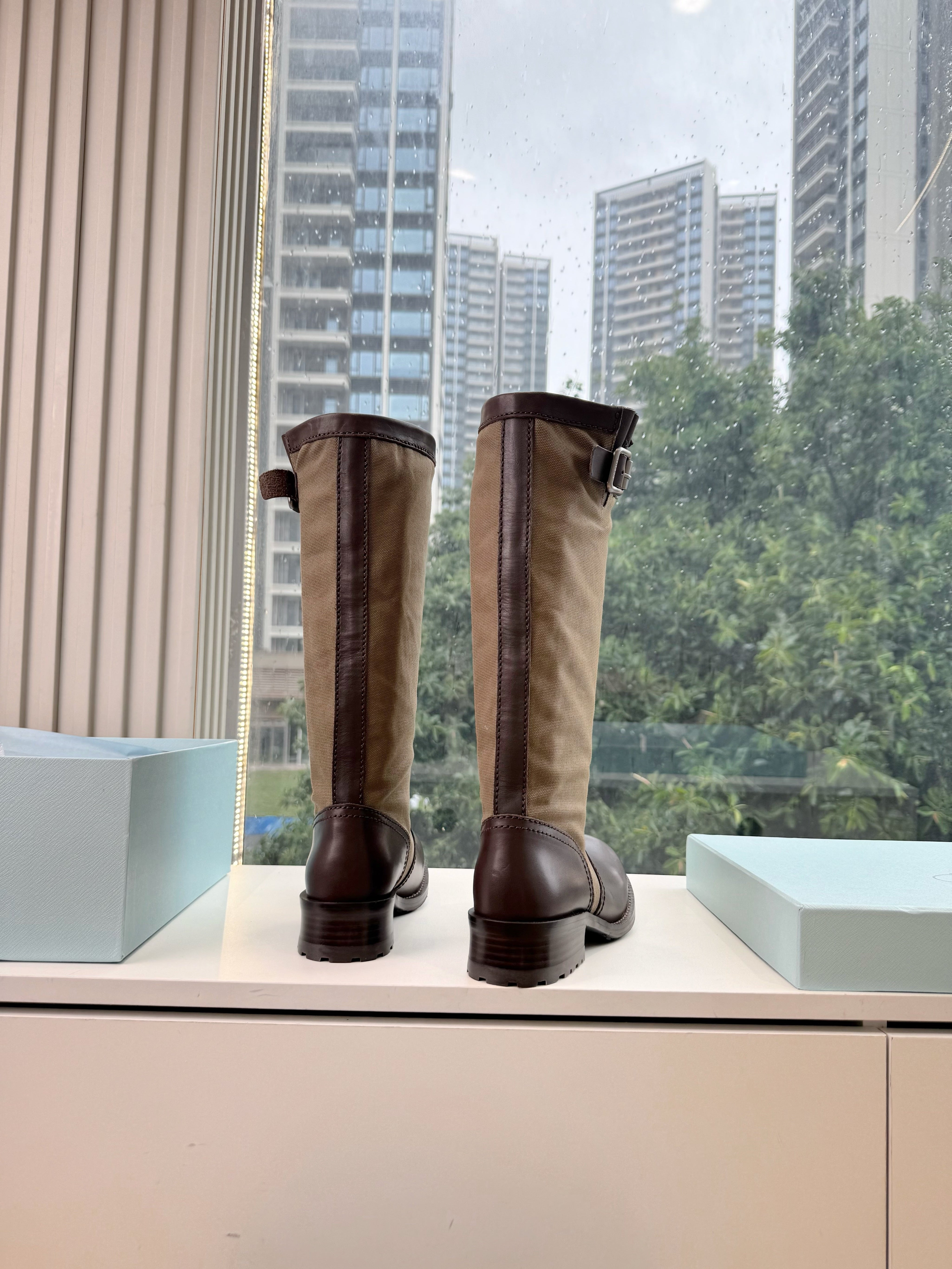 PRADA 26S BIKER BOOTS IN BEIGE CANVAS AND DARK BROWN CALFSKIN