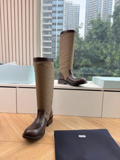 PRADA 26S BIKER BOOTS IN BEIGE CANVAS AND DARK BROWN CALFSKIN