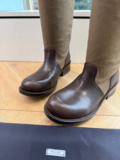 PRADA 26S BIKER BOOTS IN BEIGE CANVAS AND DARK BROWN CALFSKIN