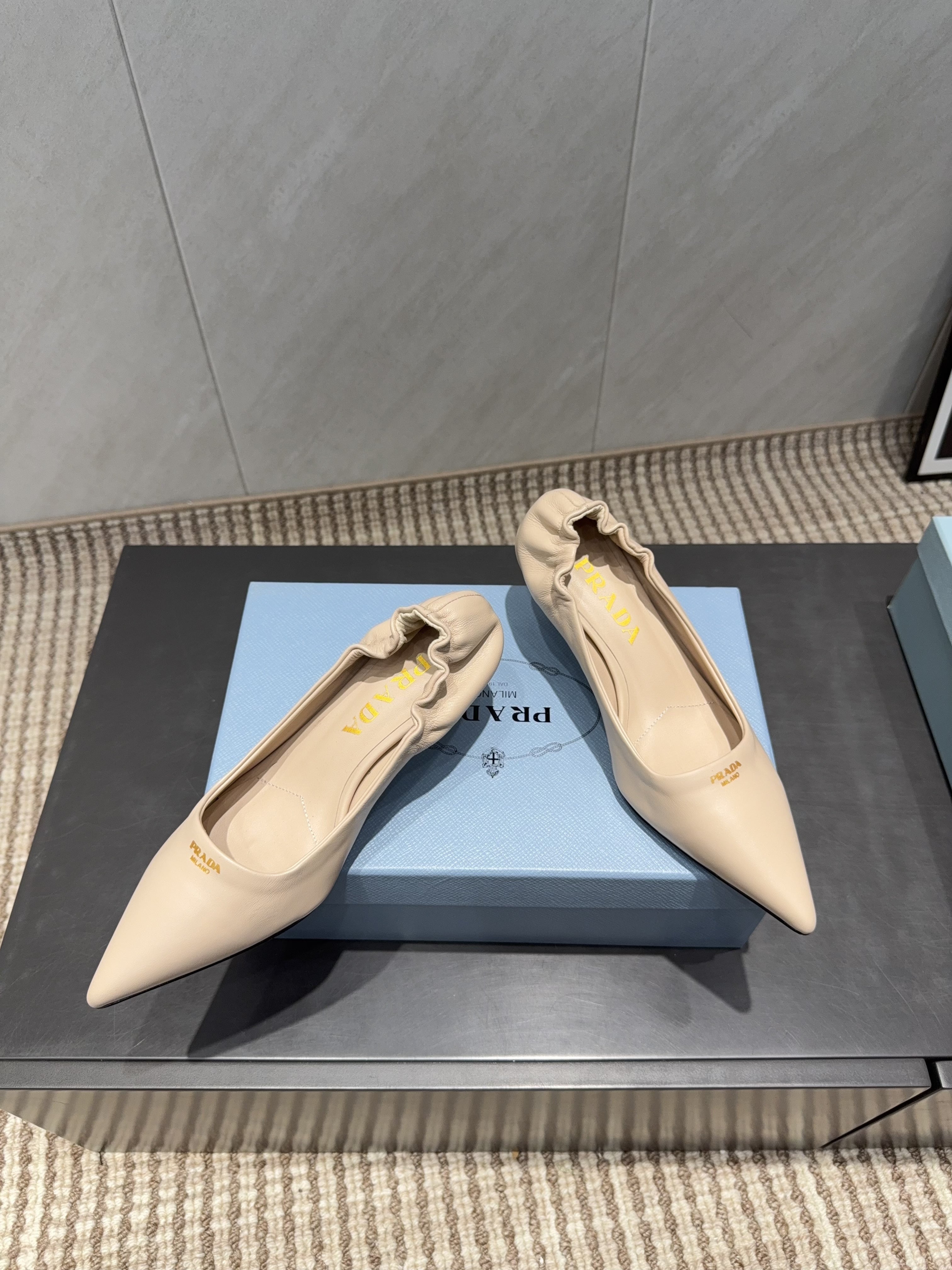 PRADA 26S POINTED TOE PUMPS 55MM IN NUDE SHEEPSKIN