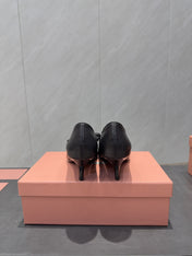 MIUMIU 26S POINTED TOE PUMPS 55MM IN BLACK CALFSKIN WITH BOW