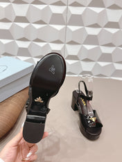 PRADA 26S HEELED SANDALS 75MM IN BLACK PATENT CALFSKIN WITH LOGO