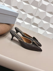 PRADA 26S POINTED TOE LACE TRIM MULES 55MM IN BLACK CALFSKIN
