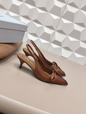PRADA 26S POINTED TOE SLINGBACK HIGH HEELS 55MM IN BROWN CALFSKIN WITH BOW