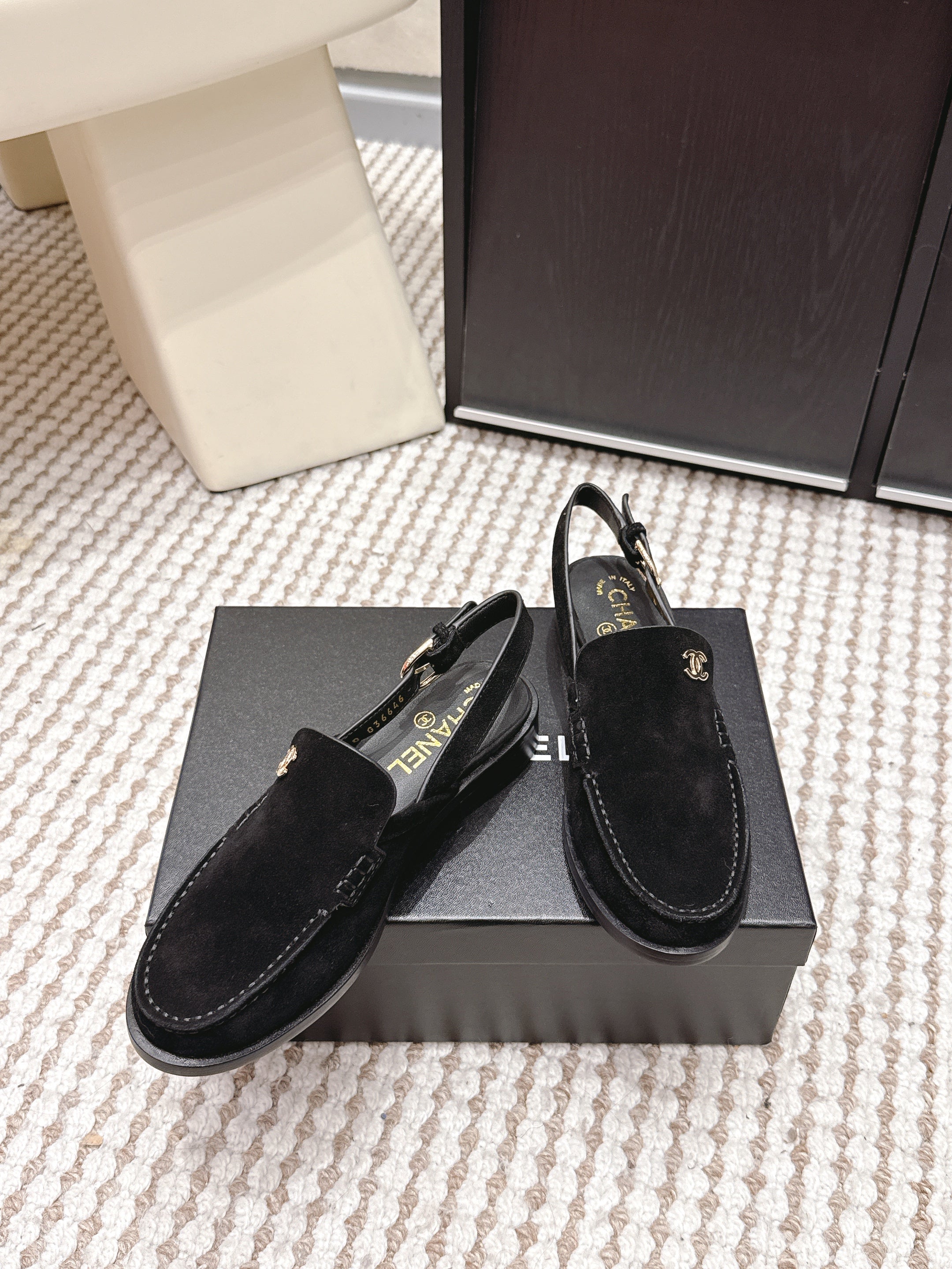 CHANEL 26S SLINGBACK LOAFERS IN BLACK SUEDE