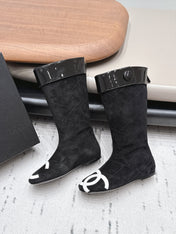CHANEL 26S KNEE HIGH BOOTS IN BLACK SUEDE AND PATENT CUFF