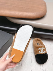 CHANEL 26S MULES IN BROWN AND BLACK SHEARLING WITH ROUND TOE