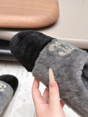 CHANEL 26S MULES IN GREY AND BLACK SHEARLING WITH ROUND TOE