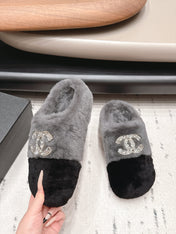 CHANEL 26S MULES IN GREY AND BLACK SHEARLING WITH ROUND TOE
