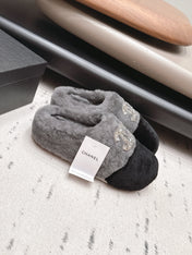 CHANEL 26S MULES IN GREY AND BLACK SHEARLING WITH ROUND TOE