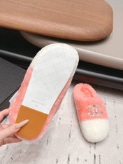 CHANEL 26S MULES IN LIGHT PINK AND WHITE SHEARLING WITH ROUND TOE