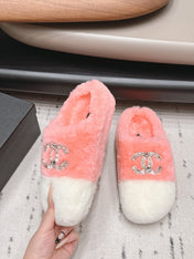 CHANEL 26S MULES IN LIGHT PINK AND WHITE SHEARLING WITH ROUND TOE