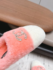 CHANEL 26S MULES IN LIGHT PINK AND WHITE SHEARLING WITH ROUND TOE