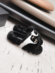 CHANEL 26S SLIDE SANDALS IN BLACK SHEARLING AND WHITE STRAP