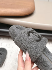 CHANEL 26S SLIDE MULES IN GREY SHEARLING AND BLACK CC LOGO