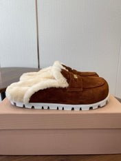 MIUMIU 25S MULES SLIPPERS SHEEPWOOL IN DARK BROWN SUEDE