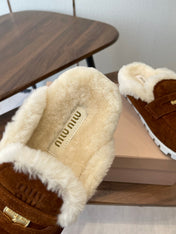 MIUMIU 25S MULES SLIPPERS SHEEPWOOL IN DARK BROWN SUEDE