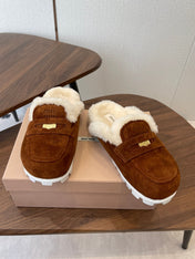 MIUMIU 25S MULES SLIPPERS SHEEPWOOL IN DARK BROWN SUEDE