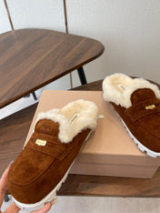 MIUMIU 25S MULES SLIPPERS SHEEPWOOL IN DARK BROWN SUEDE