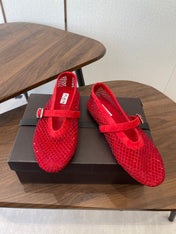 ALAIA 26S MESH FLATS IN RED SUEDE RHINESTONE-EMBELLISHED