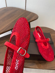 ALAIA 26S MESH FLATS IN RED SUEDE RHINESTONE-EMBELLISHED