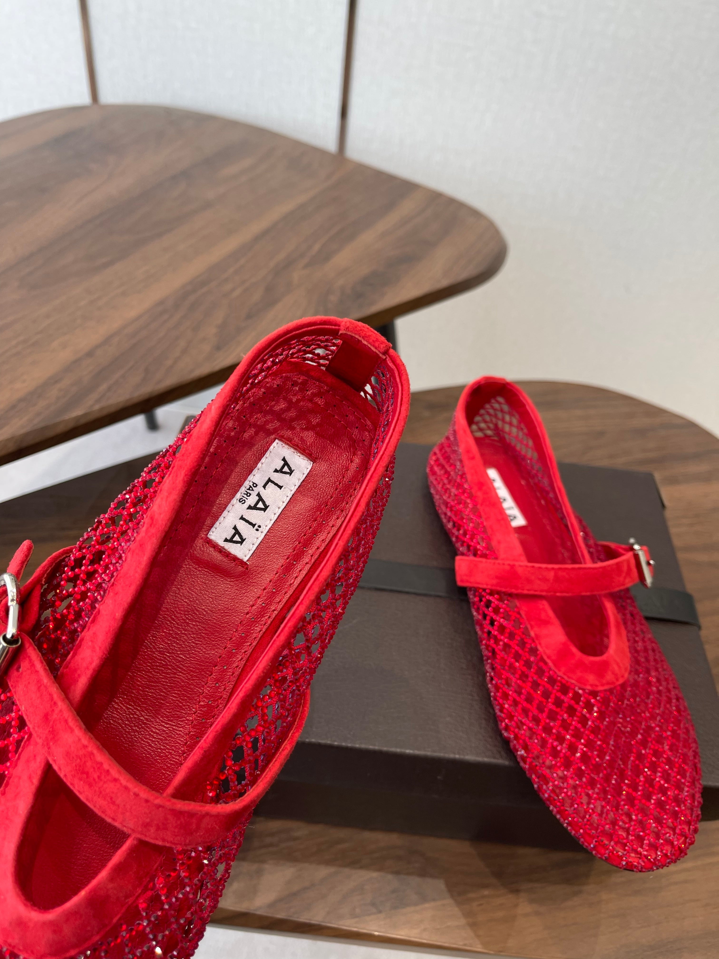 ALAIA 26S MESH FLATS IN RED SUEDE RHINESTONE-EMBELLISHED