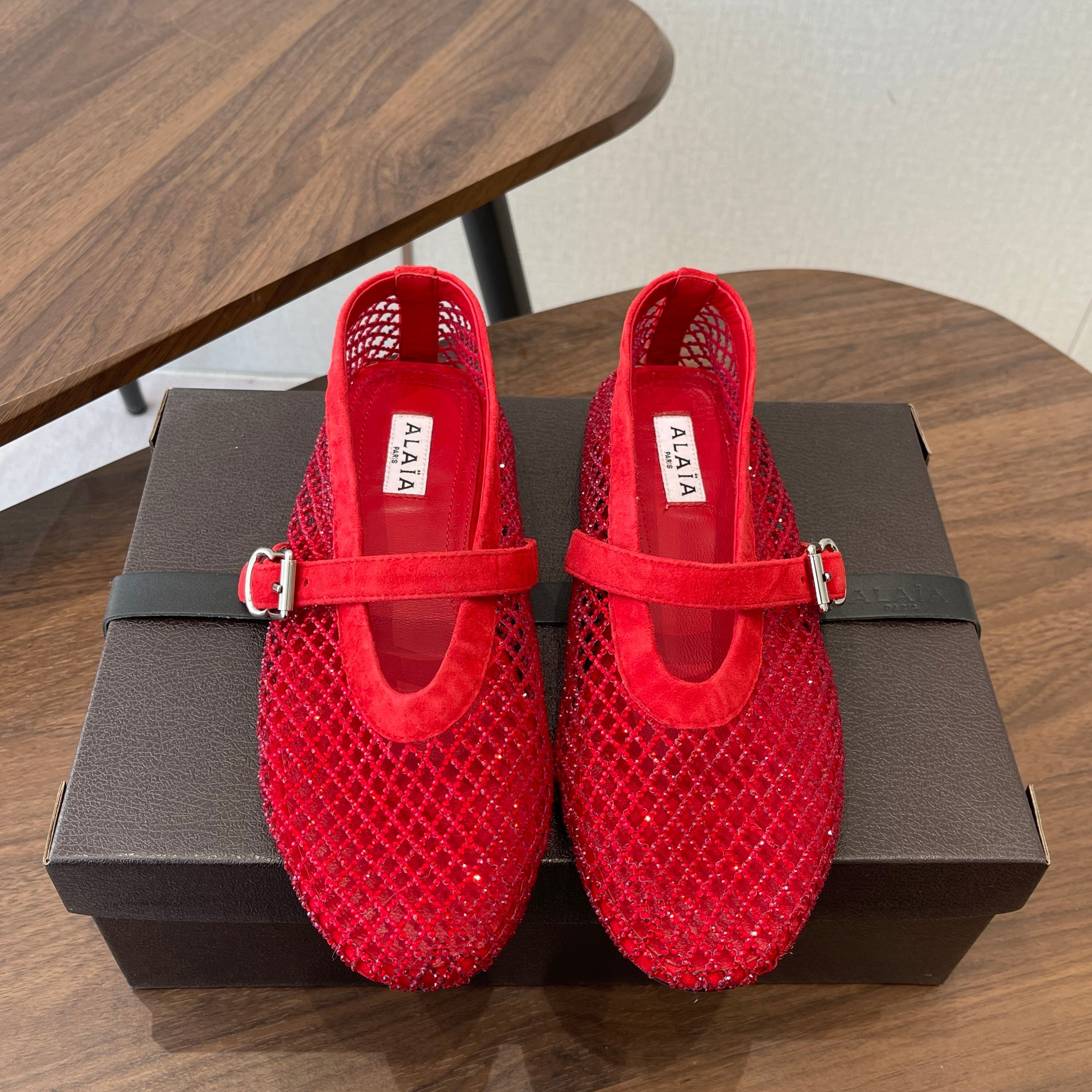 ALAIA 26S MESH FLATS IN RED SUEDE RHINESTONE-EMBELLISHED