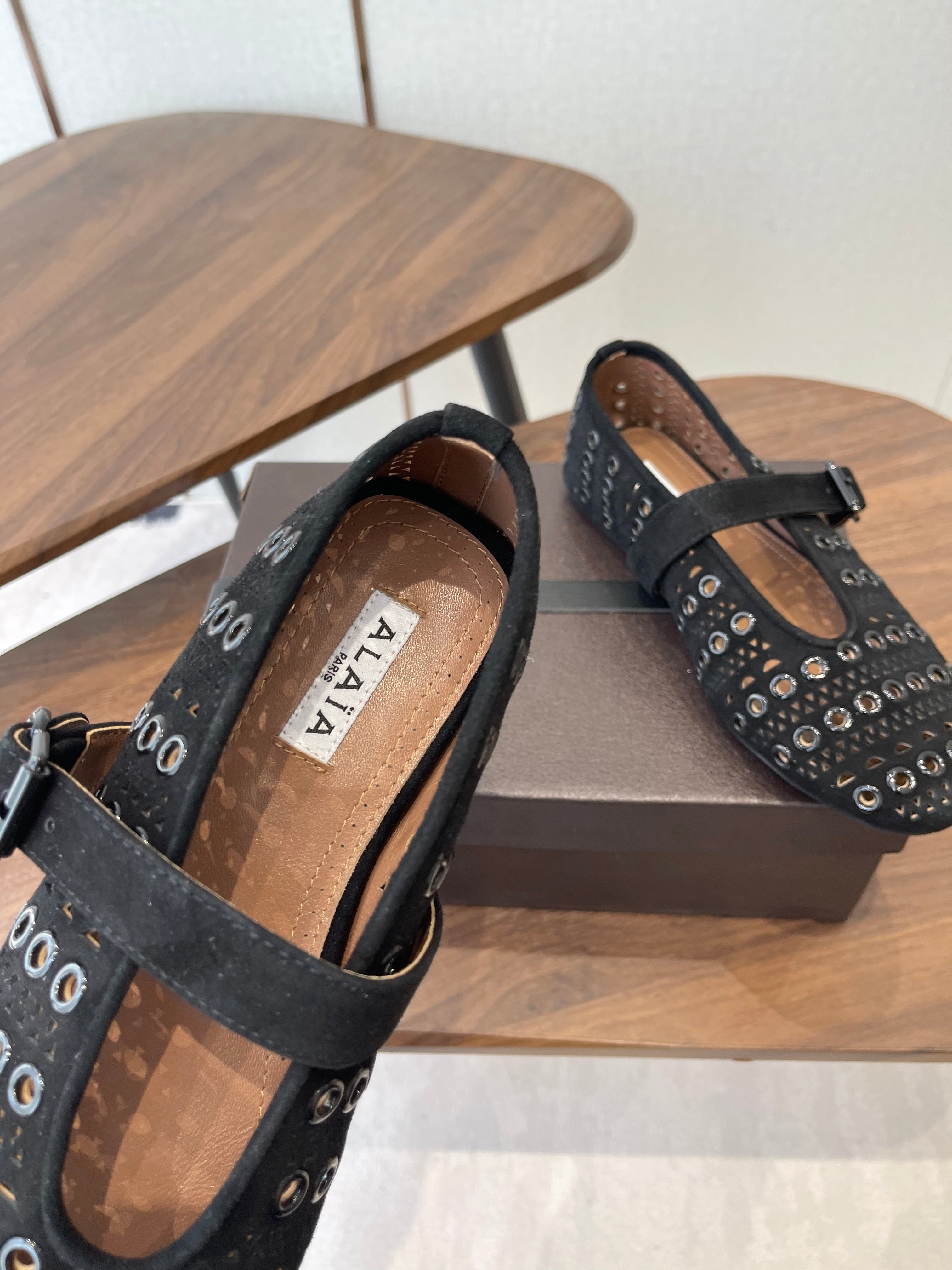 ALAIA 26S MARY JANE FLATS IN BLACK SUEDE