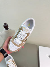 PRADA 26S DOWNTOWN THICK SOLE SNEAKERS IN WHITE CALFSKIN AND BROWN SUEDE